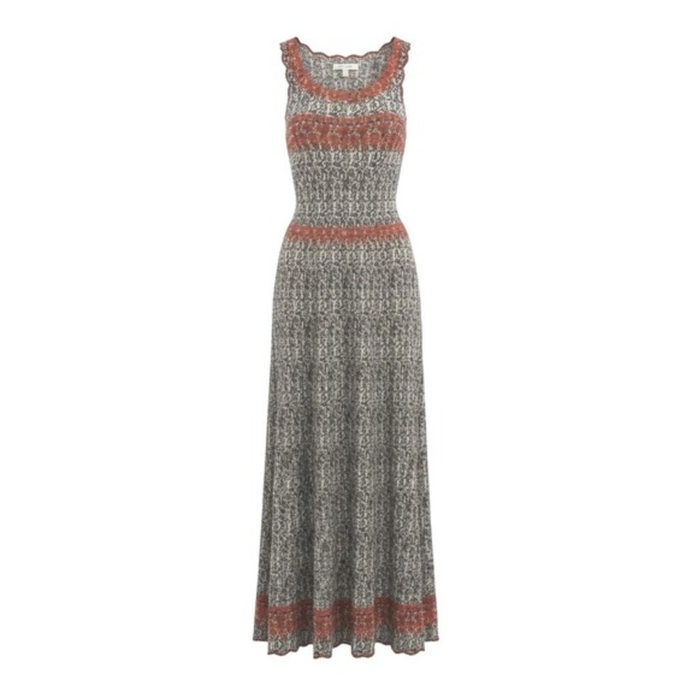 THML Womens Ikat‎ Print Maxi Dress Orange Black White Crochet Trim M Boho Batik